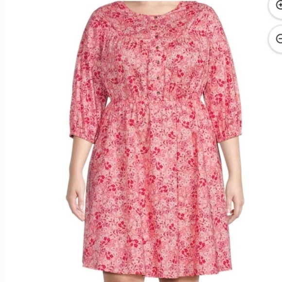 Terra & Sky Pink Floral Print 100% Cotton 3/4 Sleeves Women's Dress Plus Size 1X - Picture 1 of 9